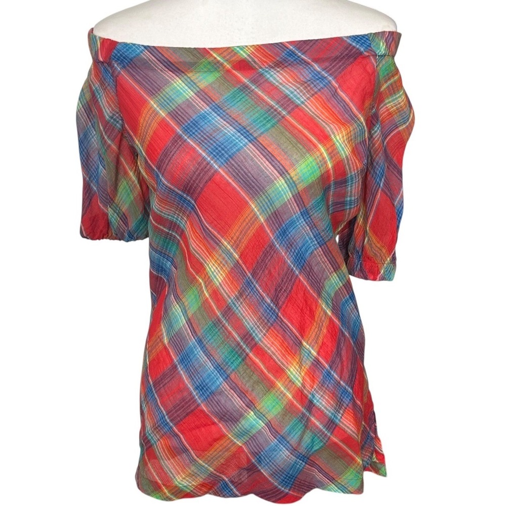 Lauren Ralph Lauren Top NWT Women's M Red Blue Multi Color Plaid OffThe Shoulder